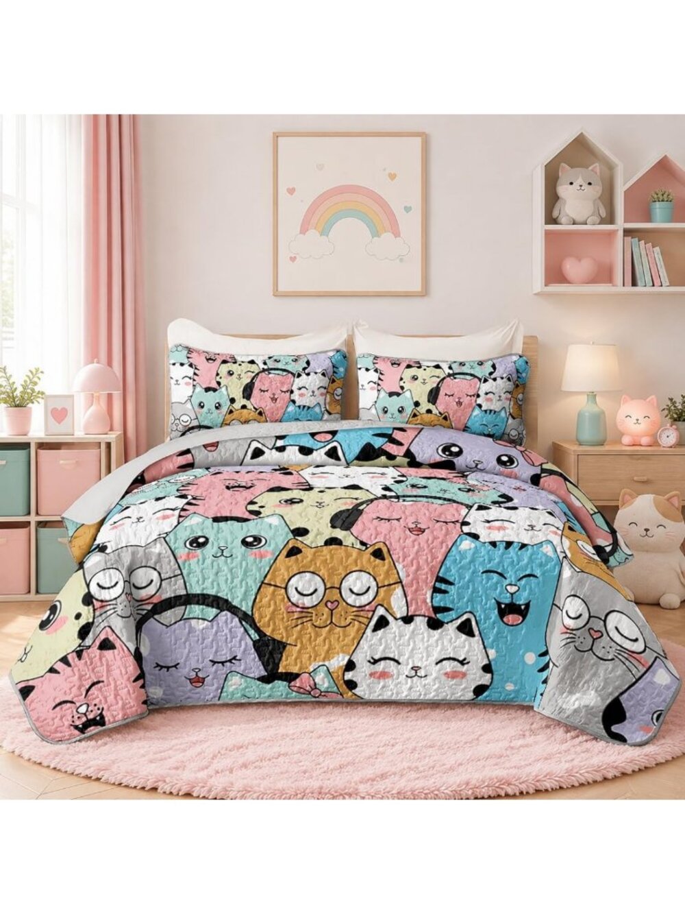 Cute Cat Quilt Set, Kawaii Queen Bedding for Kids with 2 Pillowcases, Cozy Decor